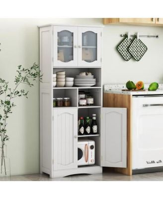 58.5 Inch Freestanding Linen Bathroom Storage Cabinet with Frost Glass Doors