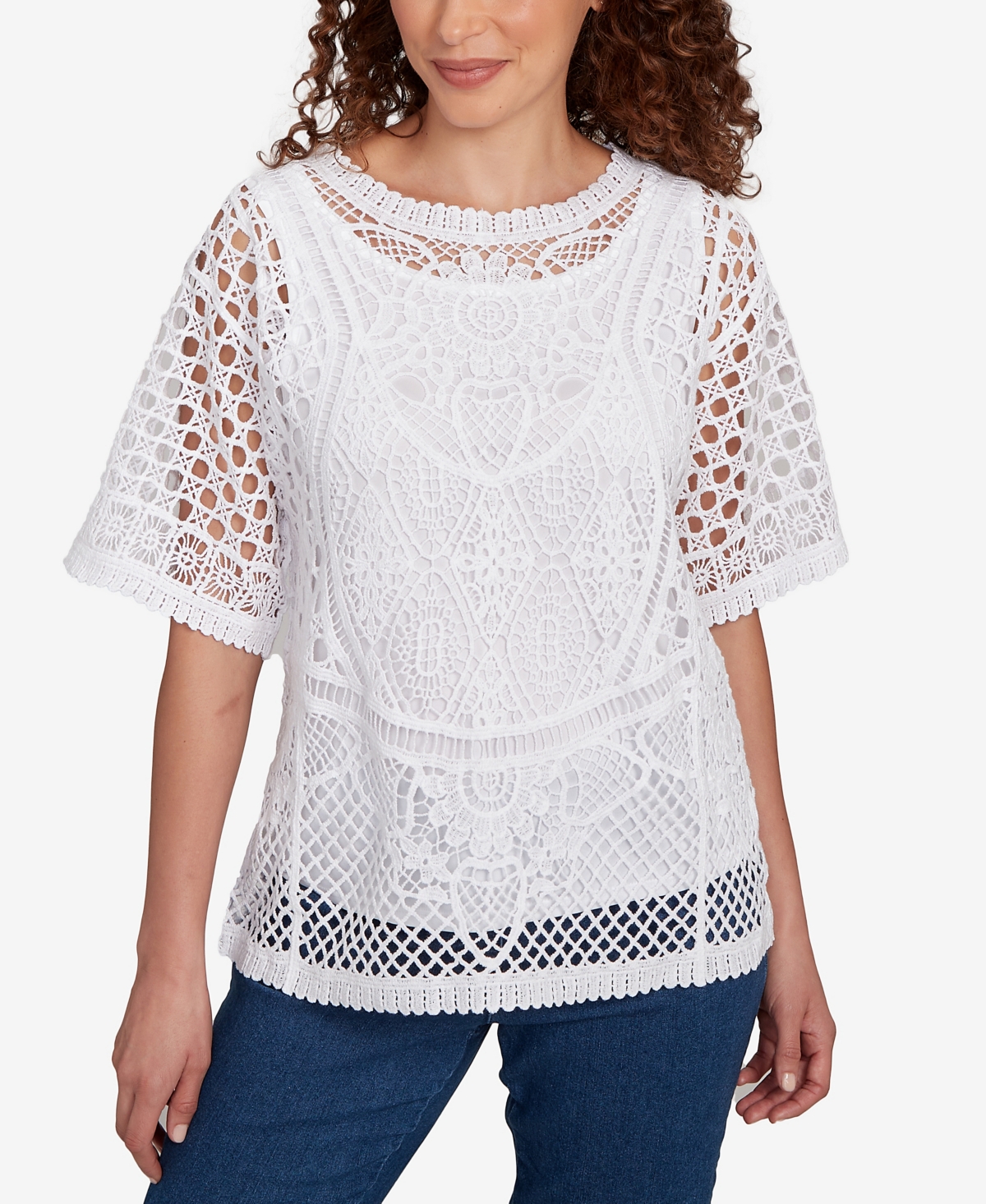 Petite Floral Blocked Crochet Sweater - White