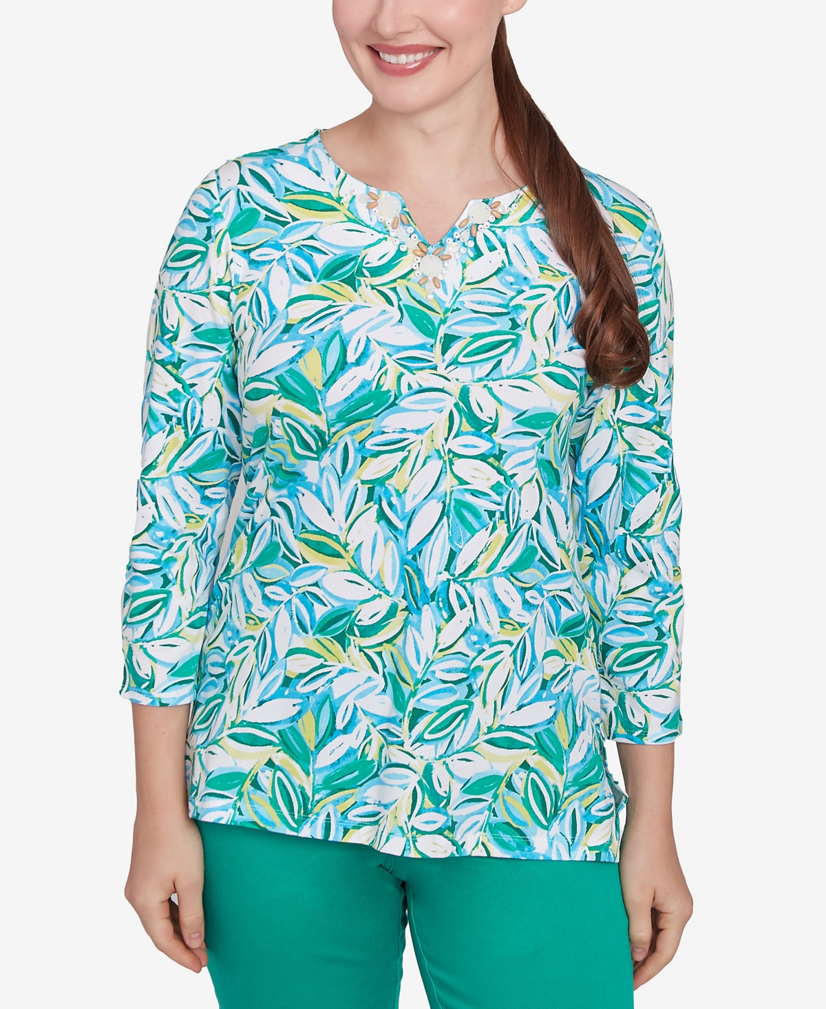Petite Tossed Leaves Embellished Knit Top - Ocean blue multi