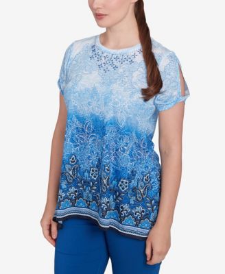 Petite Crystal Ombre Cold Shoulder Crew Neck T-Shirt