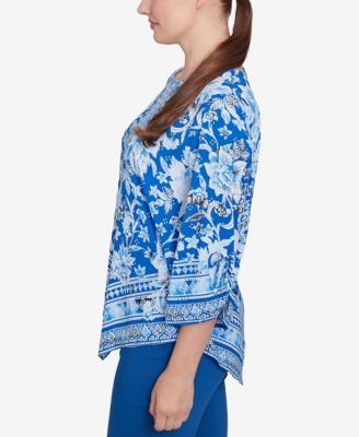 Petite Bohemian Batik Floral Border Print Crepe Tunic Top