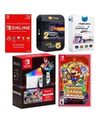 Switch OLED Console Mario Kart 8 Bundle with Paper Mario: the Thousand Year Door, NSO 12 Month Family Membership, MightySkins Console and Con