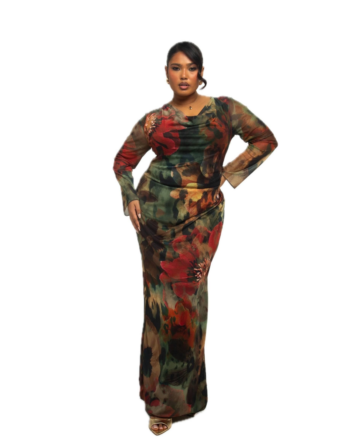 Plus Size Long Sleeve Floral Print Mesh Maxi Dress - Khaki