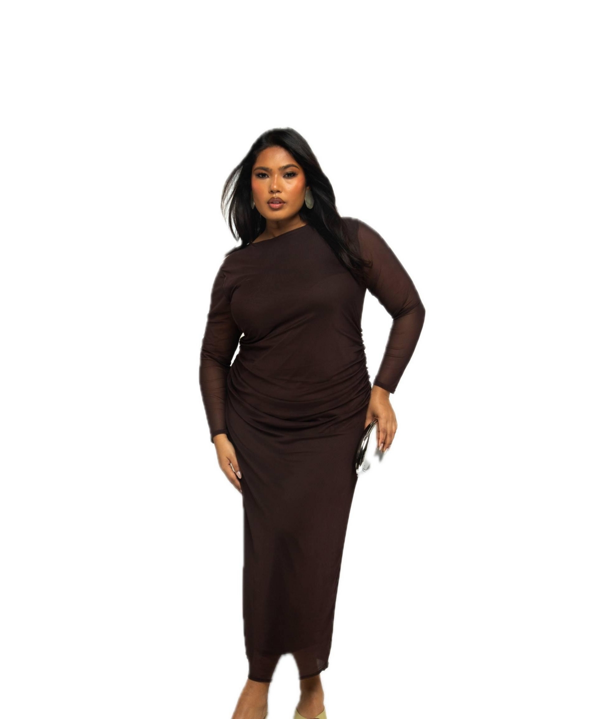 Plus Size Long Sleeve Chocolate Mesh Midaxi Dress - Brown