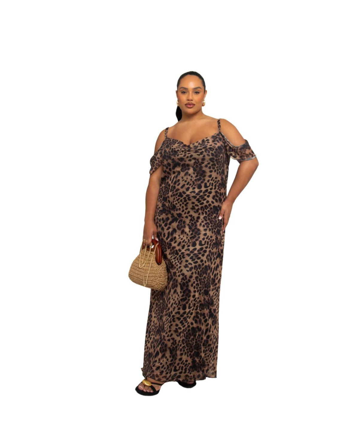Plus Size Leopard Print Mesh Maxi Dress - Brown