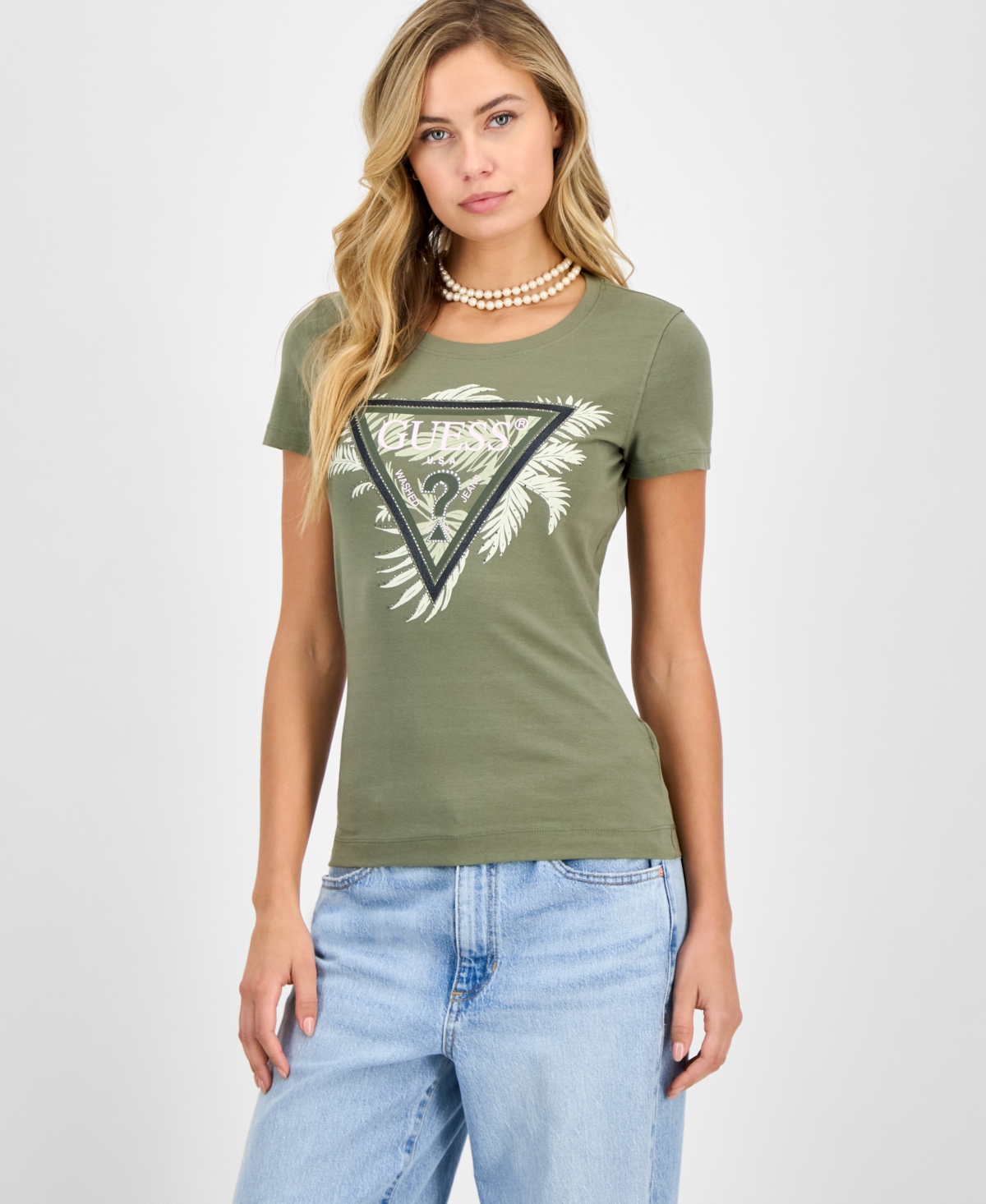 Women's Palm-Print Triangle Logo T-Shirt - Lichen Leaf Green