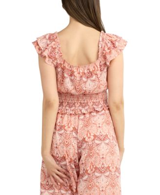 Juniors' Flutter-Sleeve Smocked Top