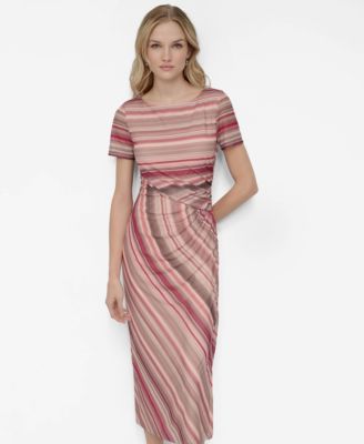 Women's Mesh Striped Side-Knot Boat-Neck Midi Dress