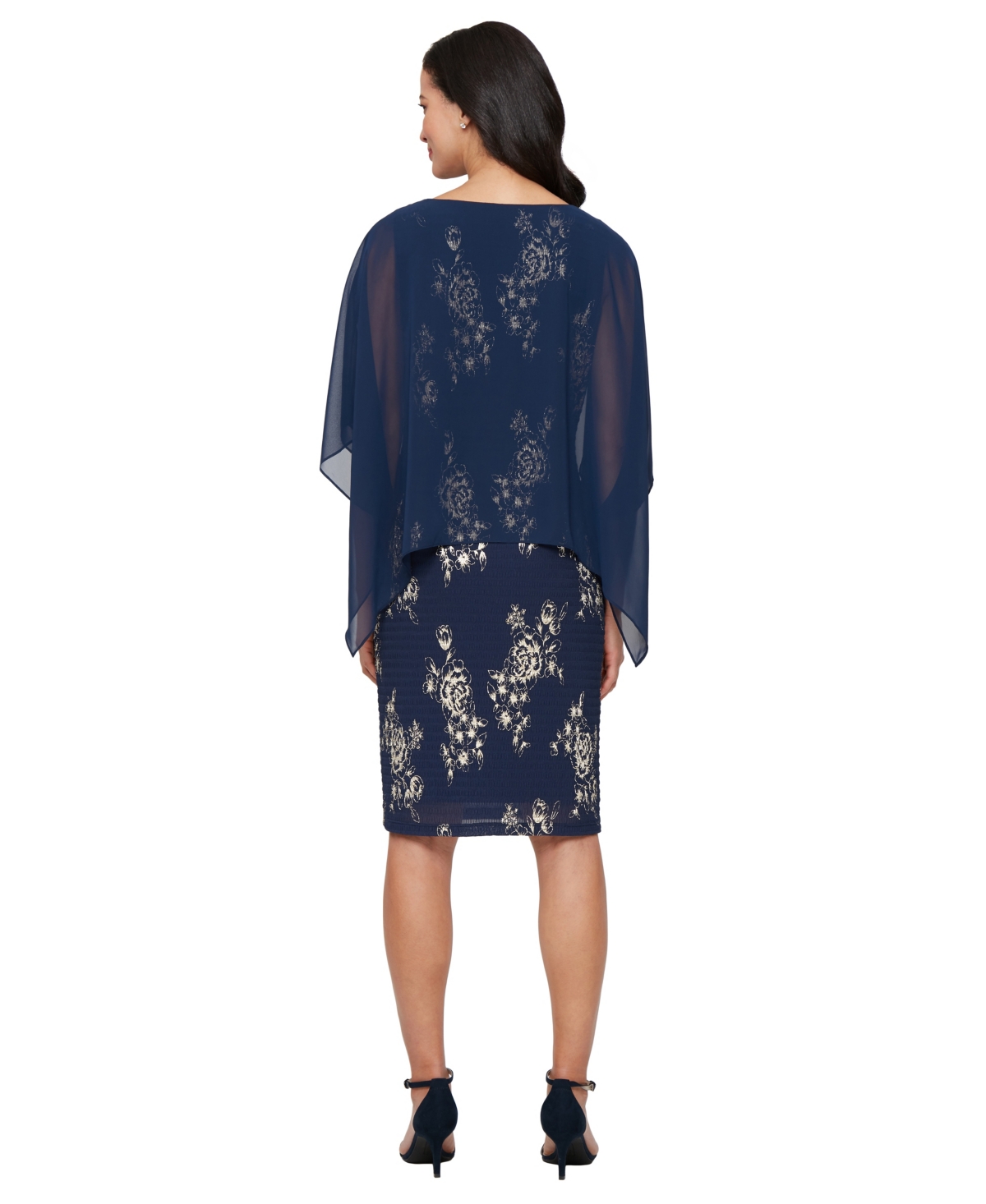 Sl Fashions Foil Print Chiffon Overlay Cocktail Dress In Blue