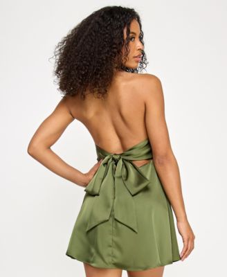 Juniors' Plunge-Neck Satin A-Line Dress
