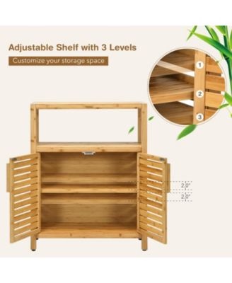 1-Pc Bamboo Floor Cabinet with Double Slatted Doors, Open Shelf and Removable Shelf