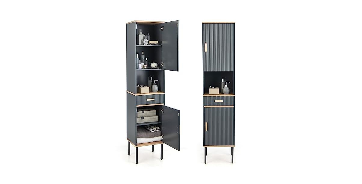 Free-Standing Bathroom Cabinet Narrow Linen with Doors and Drawer - Grey