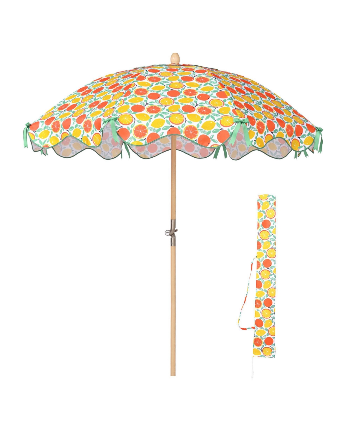 Our Beach Portable Umbrella for Sand Beech Wood Pole Carry Bag with Printed Orange Grapefruit Cute Garden Parasol - Natrual
