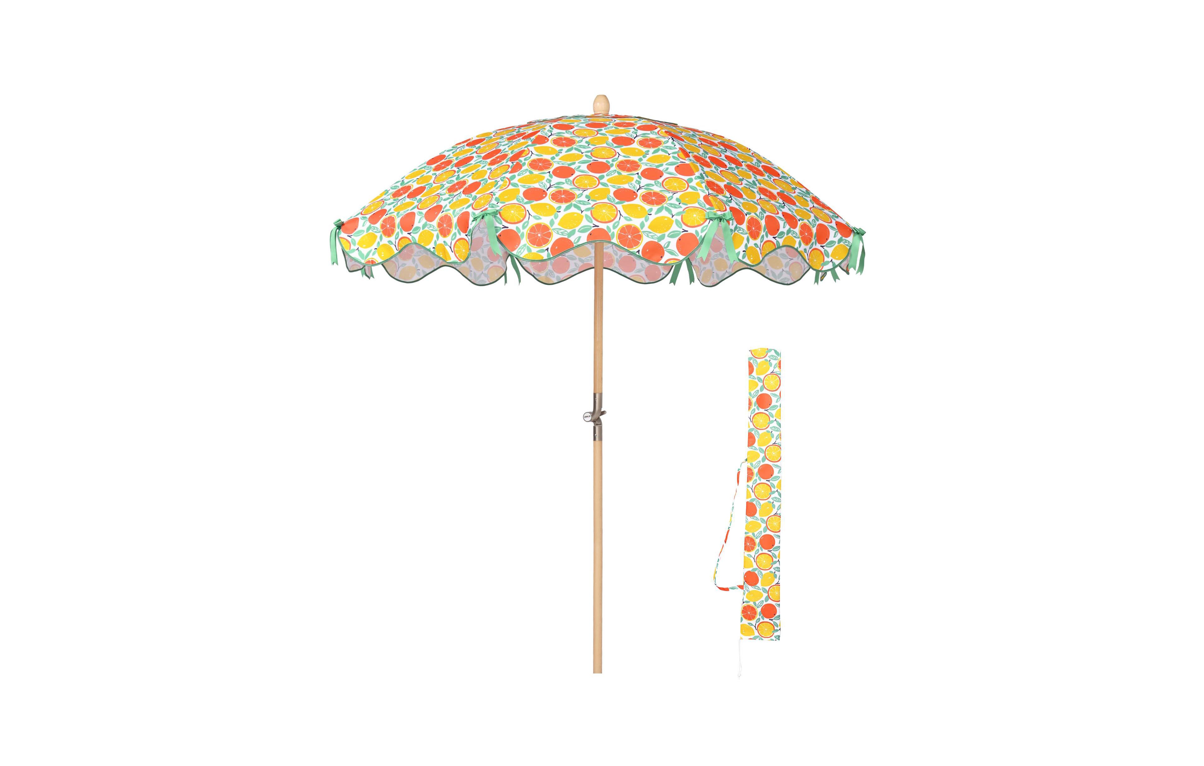 LAGarden Our Beach Portable Umbrella for Sand Beech Wood Pole Carry Bag with Printed Orange Grapefruit Cute Garden Parasol
