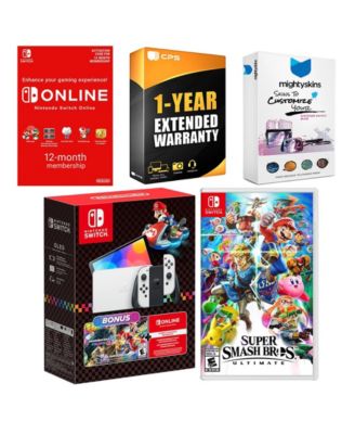 Switch OLED Console Mario Kart 8 Bundle with Super Smash Bros: Ultimate, NSO 12 Month Family Membership, MightySkins Console and Controller S