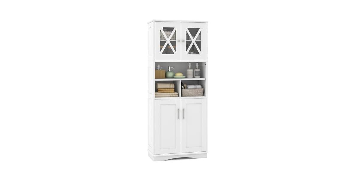 Tall Bathroom Cabinet Large Floor Storage Cabinet with Acrylic Doors and 3 Cubes - White