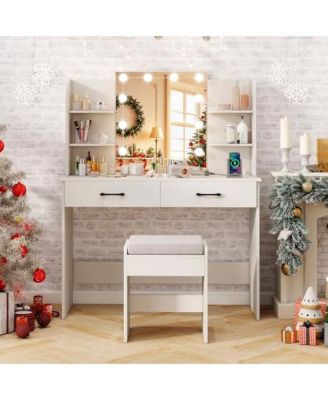 Vanity Set with Lighted Mirror and Stool with Power Outlet