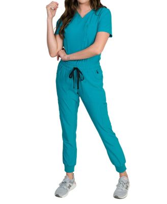 Women's Stretch Scrub Set with Zip Chest Pocket Top and Knit Rib Cuffs Jogger Pants
