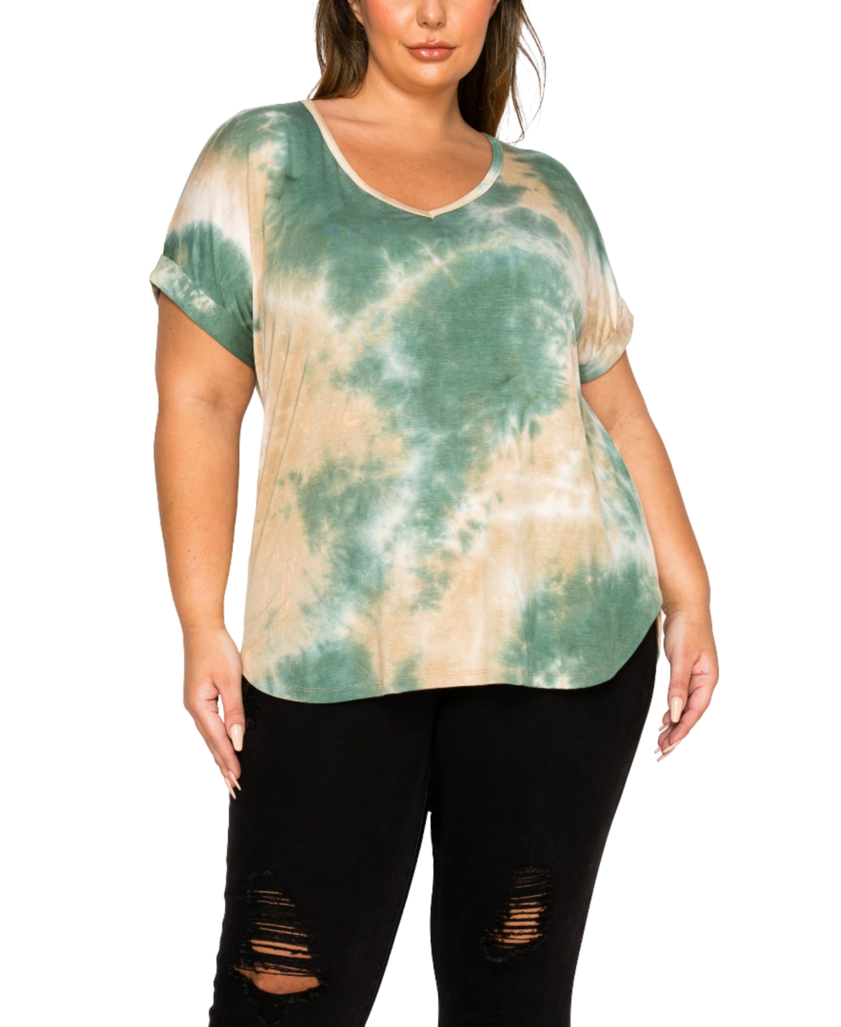Plus Size Tie Dye V-Neck Rolled Sleeve Dolman T-Shirt - Green, Tan