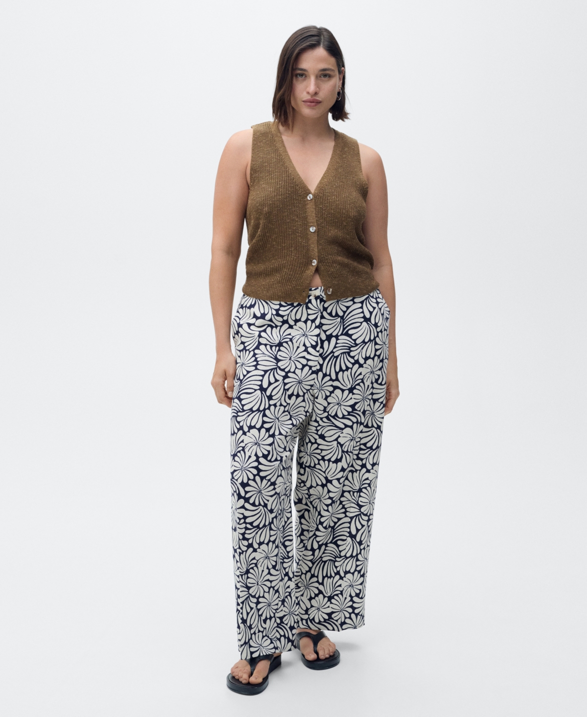 Mango Coco Print Linen Blend Wide Leg Pants In Black