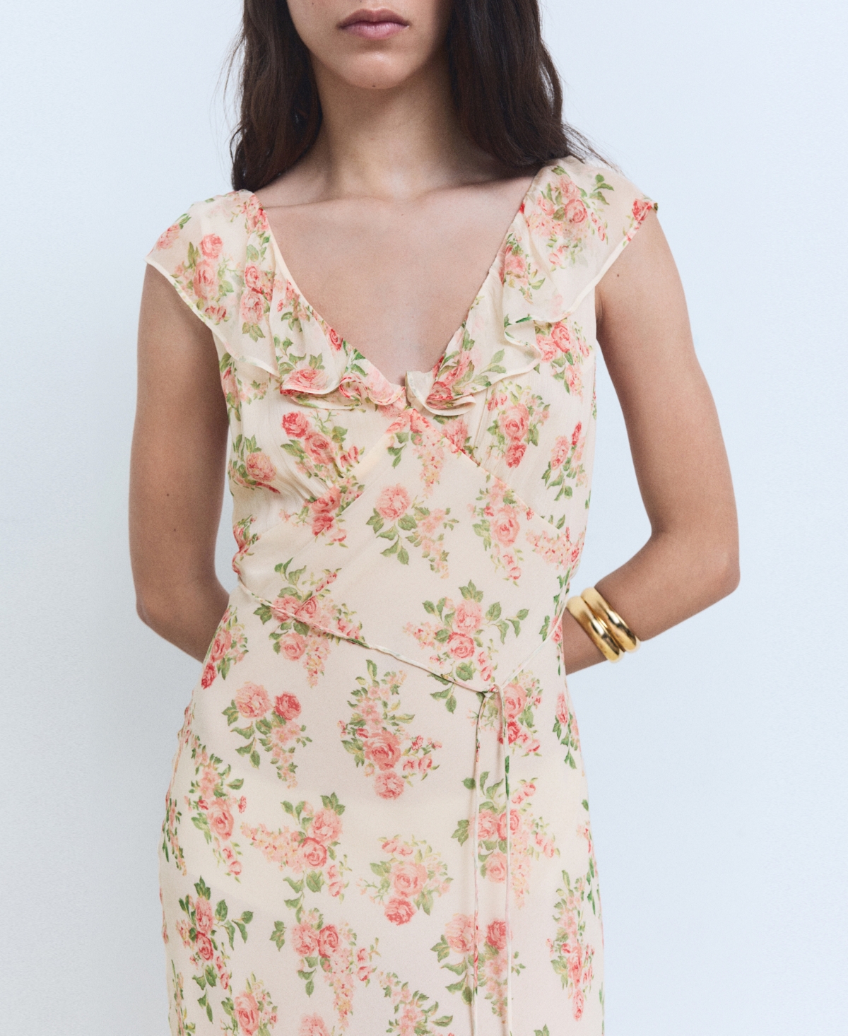 Mango Floral Midi-dress With Bow Ecru