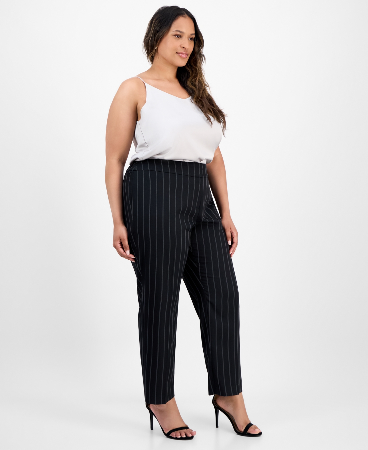 Kasper Plus Size Pinstriped Slim Pants In Black