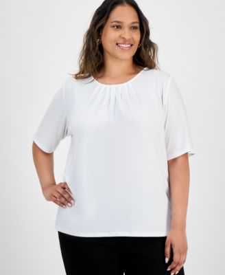 Kasper - Plus Size Elbow-Sleeve Pleated-Neck Top