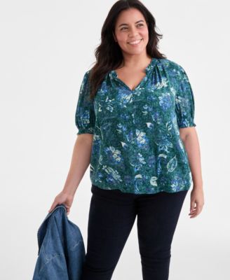 Plus Size Printed  Ruffle-Trim Blouse, Exclusively at Macy's 