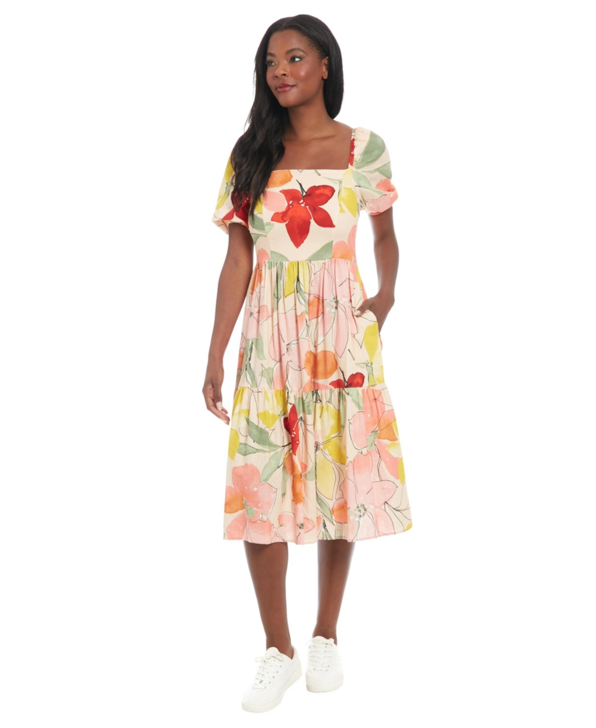 Women's Floral-Print Square-Neck Puff Midi Dress - Orange, Coral