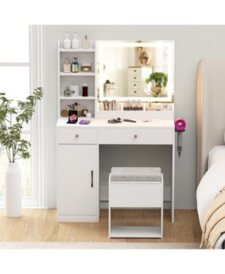 3-Color LED Mirror, Charging Station & Storage Compartments Vanity Dressing Table & Stool Set