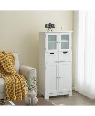 4 Door Freestanding Bathroom Floor Storage Cabinet with 2 Drawers and Glass Doors