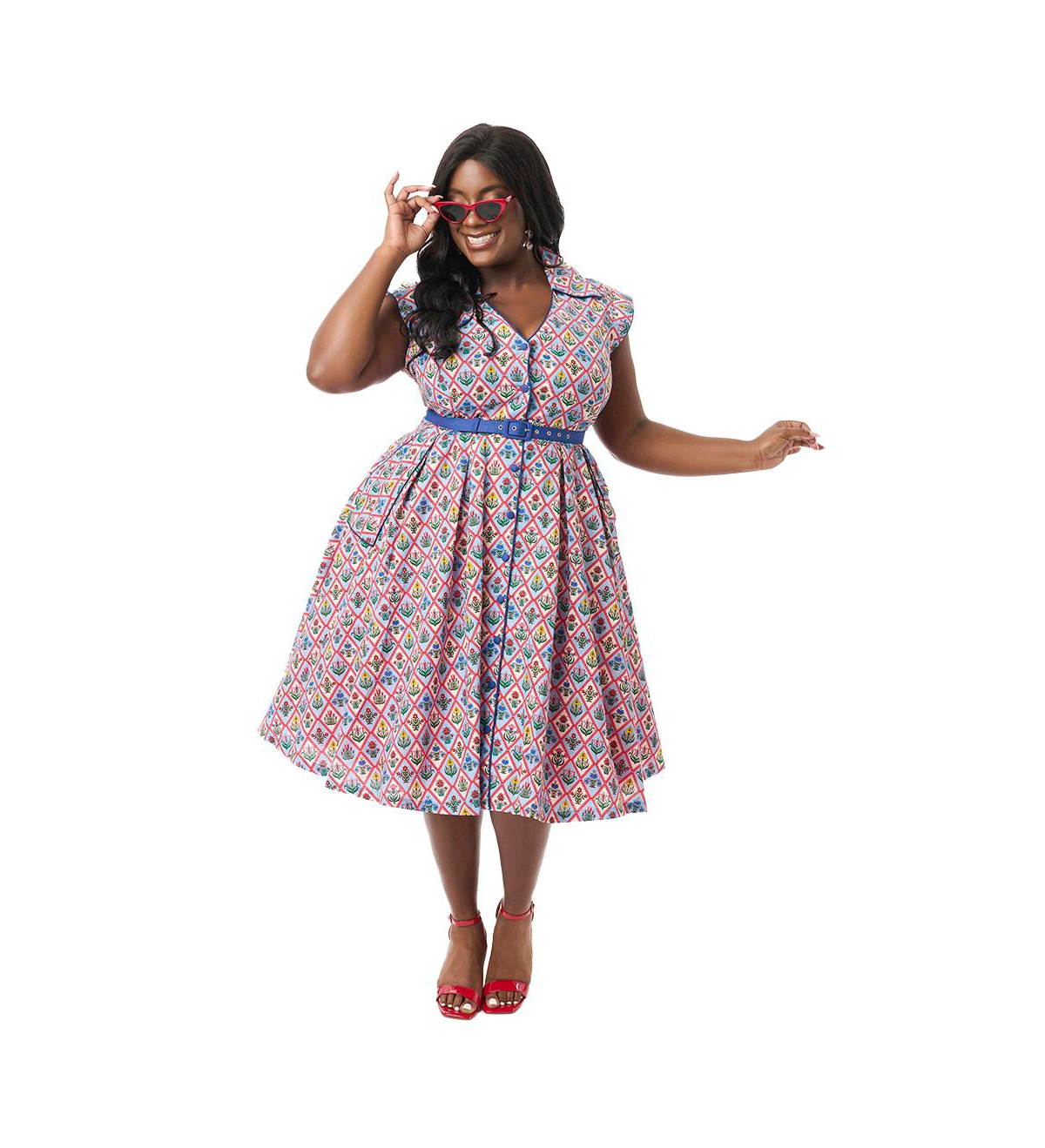 Plus Size Shirt Swing Dress - Red blue diamond floral