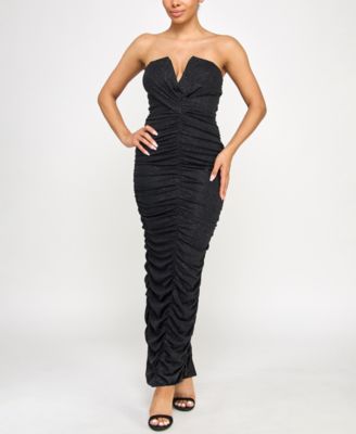 SENI & CADE - Juniors' Ruched Strapless Metallic-Knit Gown