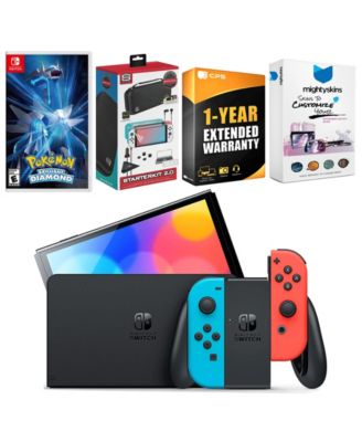 Switch Neon Red & Blue OLED Console with Pokemon Brilliant Diamond Edition, Surge Accessory Gaming Kit, MightySkins Console and Controller Sk