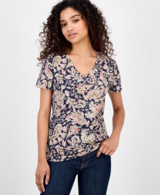 Women's Paisley-Print V-Neck T-Shirt