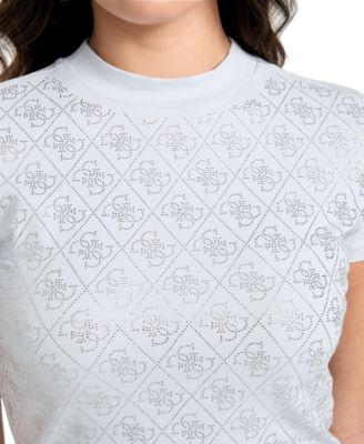 売れ筋商品|||ゲス カットソー トップス レディース Women's Rhinestone-Logo Mock-Neck Short-Sleeve Top Artic Wind GUESS Women's Rhinestone-Logo Mock-Neck Short-Sleeve Top