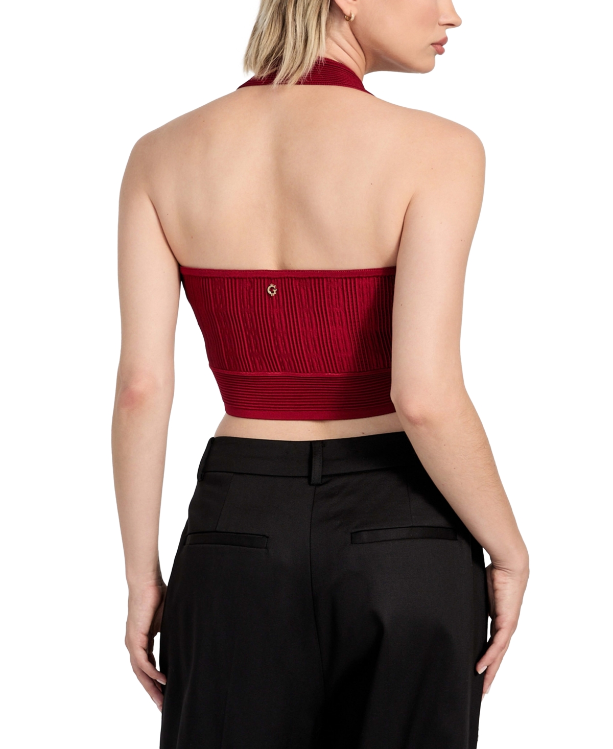 Guess Sofie Rib Crop Halter Top In Red
