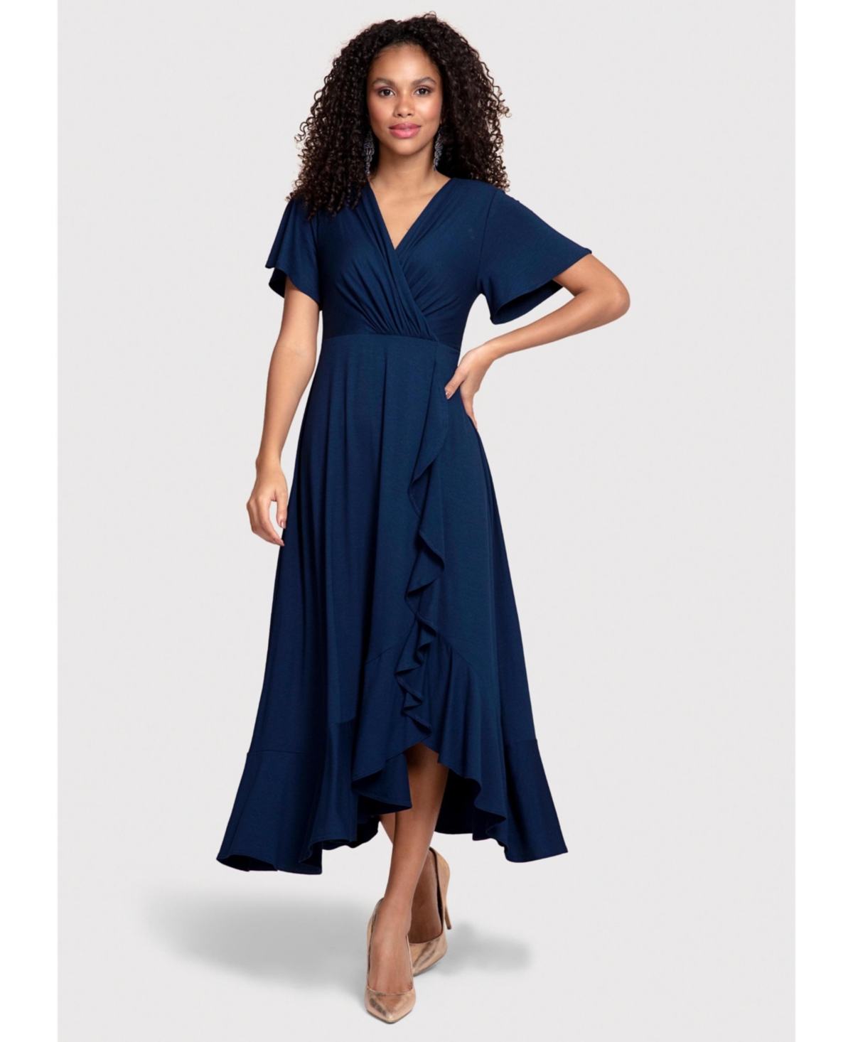 Petite Waterfall V-Neck Midi Dress - Navy