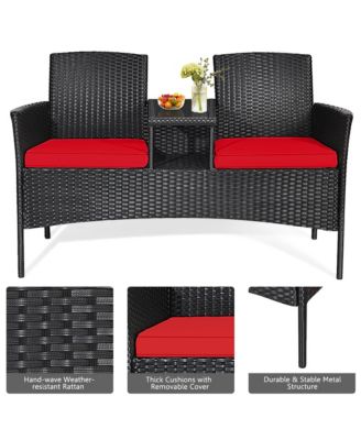 Rattan Wicker Patio Conversation Set w/ Table Red Cushion