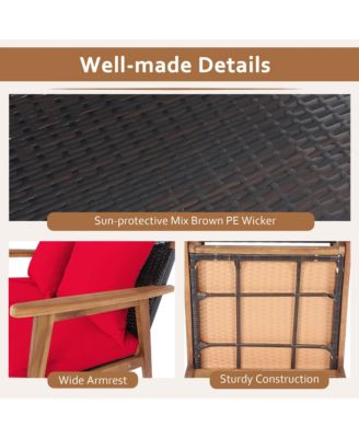 4PCS Patio Conversation Set Wood Frame Furniture Set w/ Red Cushions