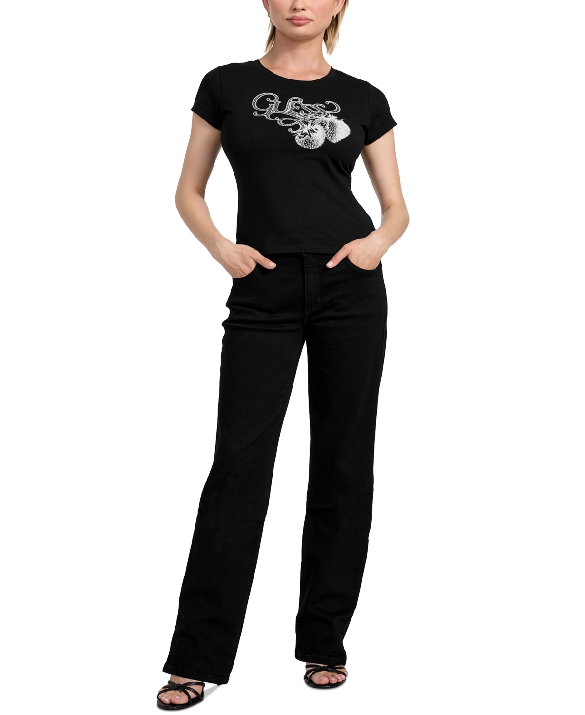 Guess Women's Embellished Strawberry Short-sleeve T-shirt In Black