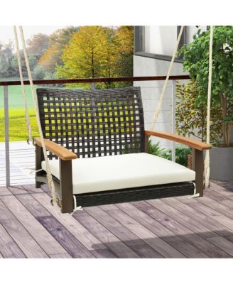 Rattan Porch Swing Patio Wicker Single Hanging Seat w/ Seat Cushion & Acacia Wood Armrests