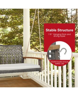 Rattan Patio Porch Swing 2-Person Cushioned Swing Chair Bench w/ Hanging Ropes