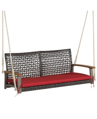 2-Seat Rattan Porch Swing Chair Outdoor Wicker Swing Bench W/ Seat Cushion Red