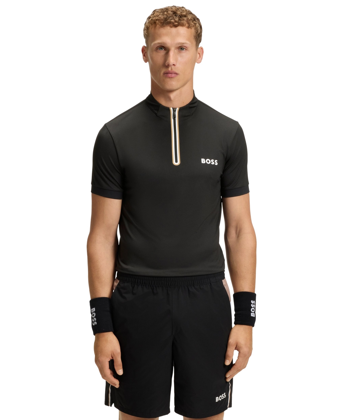 Boss by Hugo Boss Men's Stretch-Mesh Jersey Zip-Neck T-Shirt - Black
