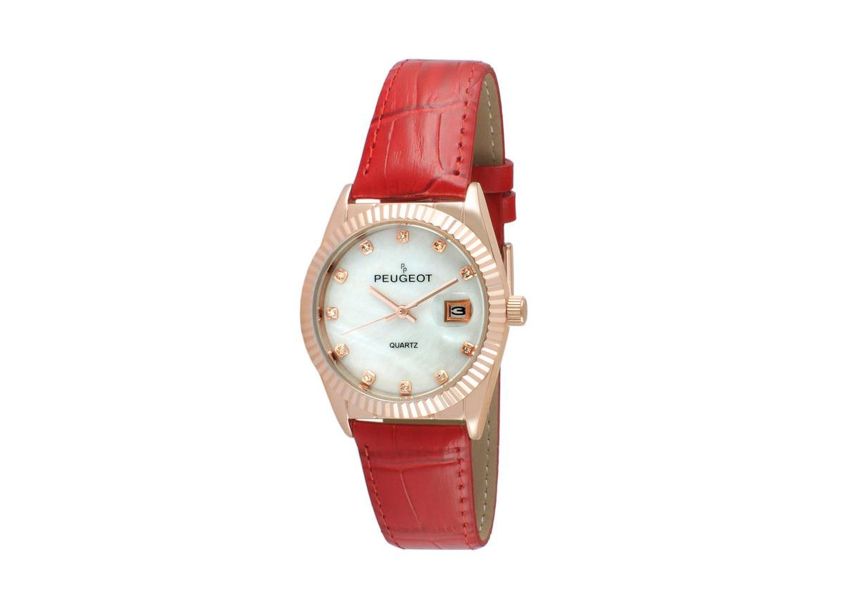 Women 36mm Red Fluted Bezel Watch with Leather Strap - Mother of Pearl Dial