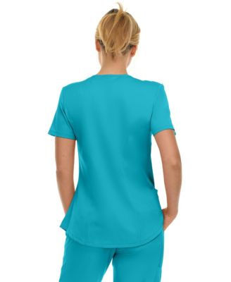Women's Scrubs V-Neck Notch Fashion Stretch Scrub Top with Two Pockets, Flex Easy Care Fabric, Bubble Gum, Large