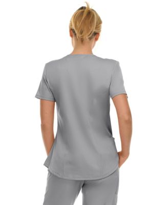 Women's Scrubs V-Neck Notch Fashion Stretch Scrub Top with Two Pockets, Flex Easy Care Fabric, Bubble Gum, Large