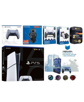 Playstation 5 Slim Digital with Extra Cobalt Blue Controller, Plantronics Headset, FPS Grip Kit, Charge Dock and MightySkins Decal Voucher + 2 Ye