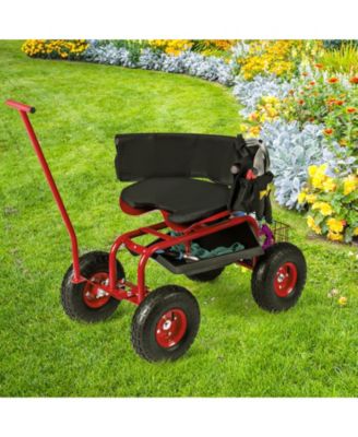 Multi-Functional Rolling Garden Cart with Swivel Seat & Large Storage Basket